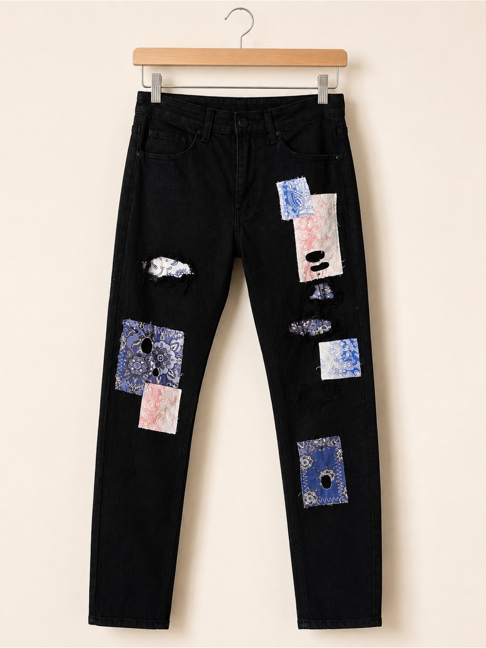 KDNK Women’s Black Skinny Jeans 30x28 Custom Bandana Patchwork Distressed